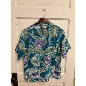 S.L.B. By Sunny Leigh Vintage 100% Silk Blue Hawaiian‎ Print Blouse Size Medium